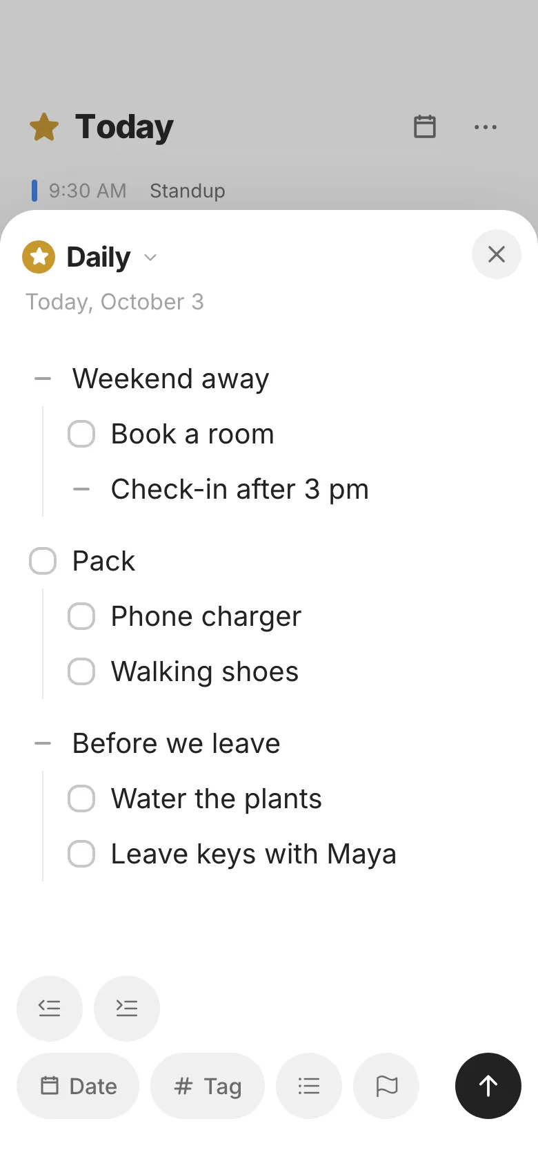 The Jotlist focus capture sheet with three sibling items, Weekend away, Pack, and Before we leave, each containing a sublist of tasks and notes ready to add together