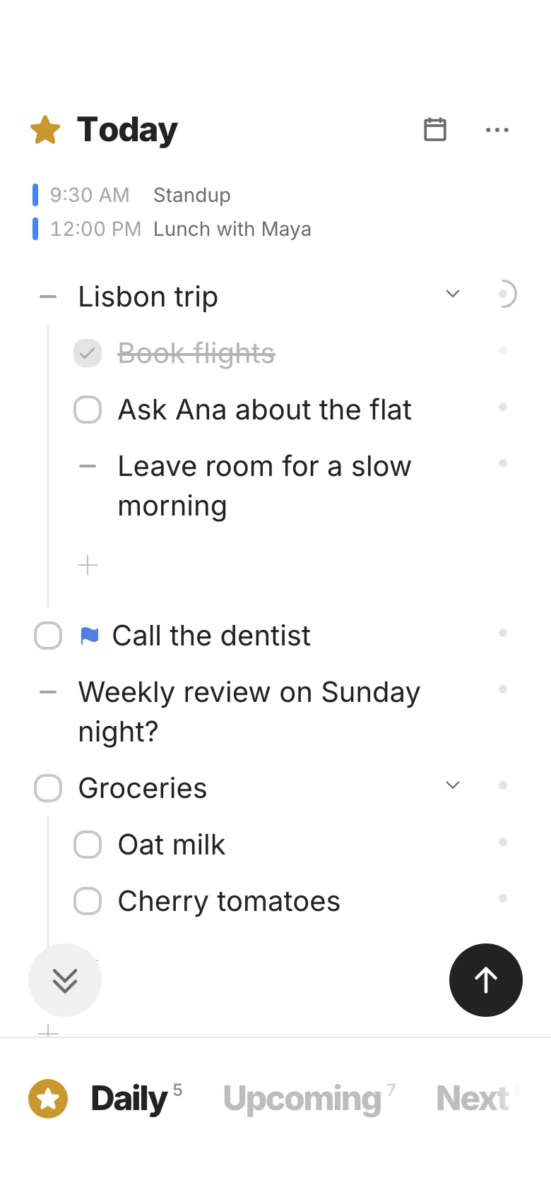 The Jotlist mobile app showing Today, calendar events, and a Lisbon trip with nested notes and tasks