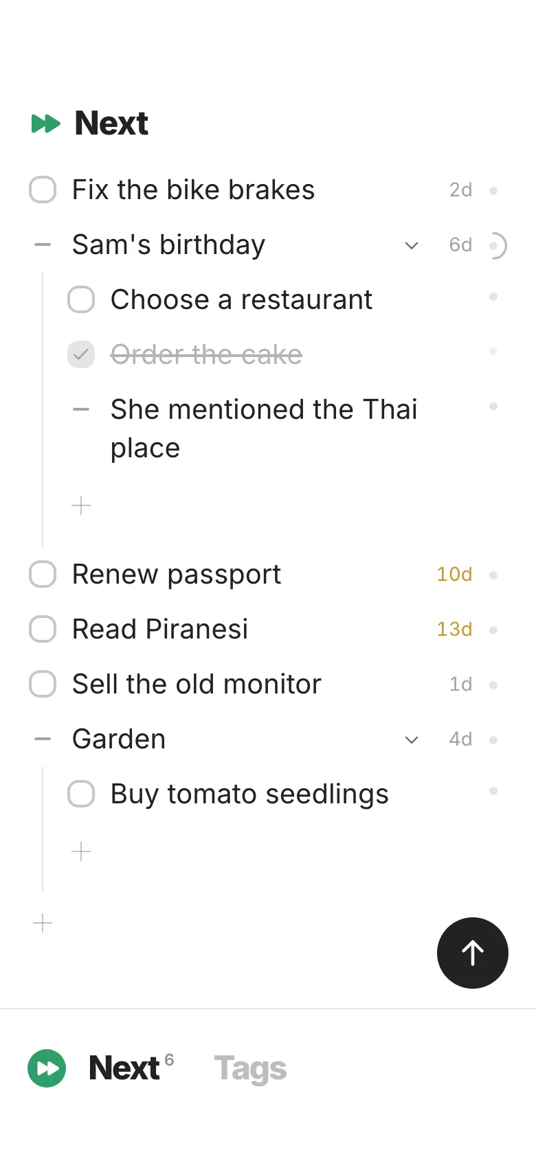 The Jotlist mobile app showing Next, nested birthday plans, and tasks with age labels