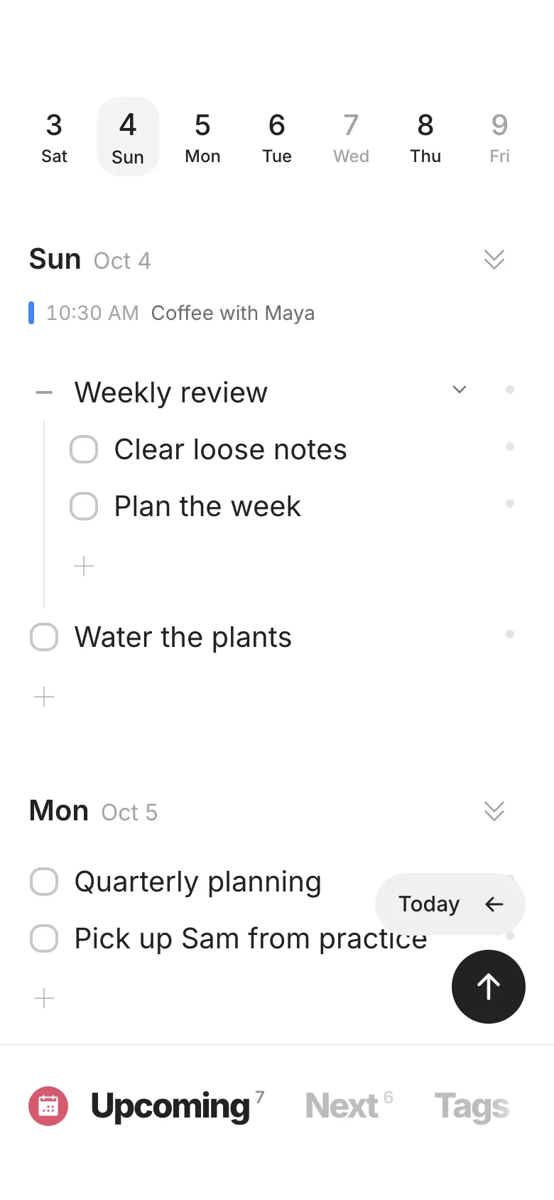 The Jotlist mobile app showing Upcoming with a calendar event and a Weekly review note containing nested tasks